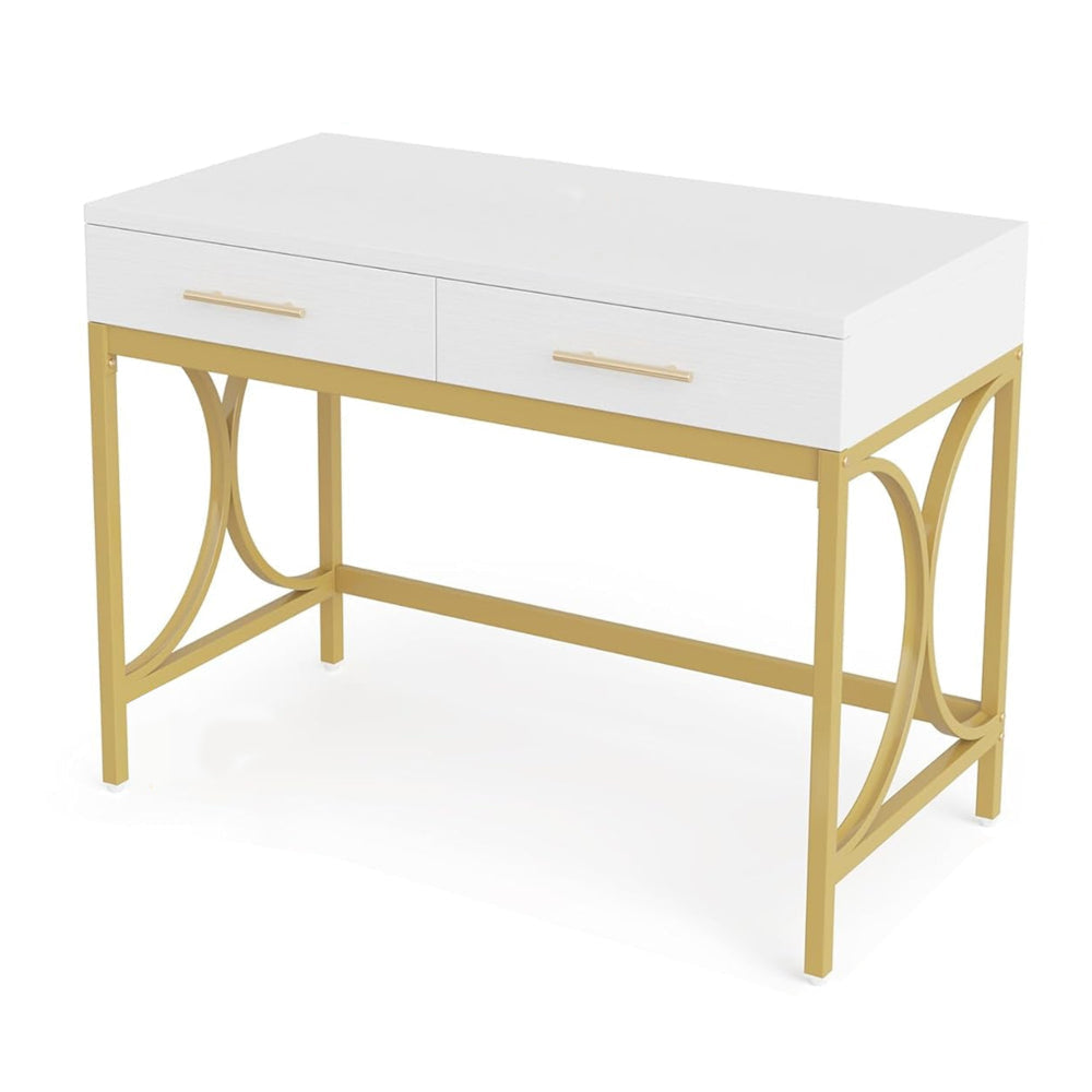 Computer Office Writing Desk, 41 Inch White Top, 2 Drawers, Gold Base