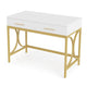 Computer Office Writing Desk, 41 Inch White Top, 2 Drawers, Gold Base