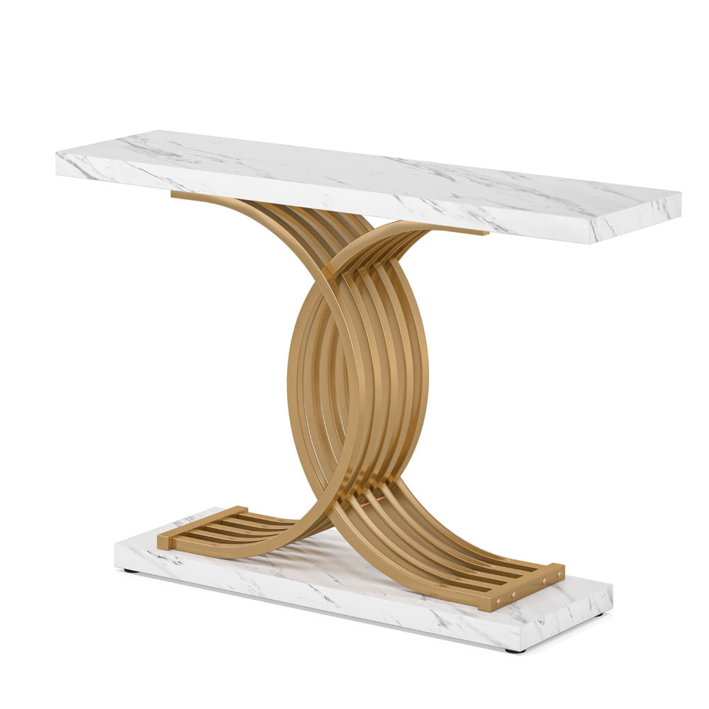 Entryway Console Table, White Faux Marble Top, Gold Base, 39 Inch