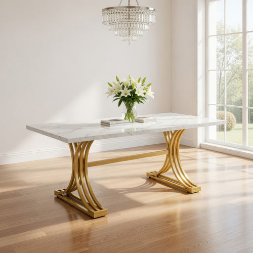 Dining Table, Rectangular White Marble Top, Gold Metal Base, 63 Inch