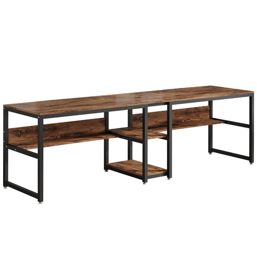 Desk with Bookshelf, 79 Inch Brown Rectangular Top, Black Metal Legs