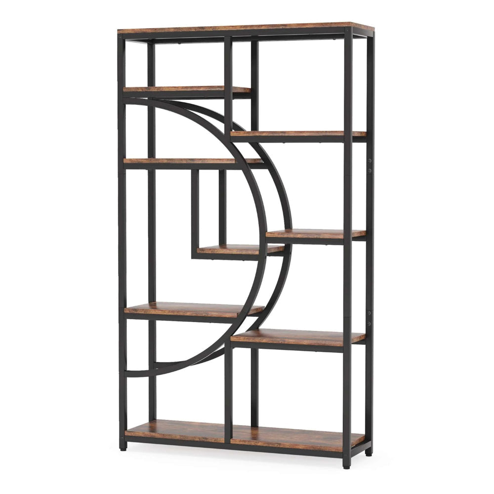 Bookshelf 9 Tier Open Shelves Brown MDF Black Metal Frame 69 Inch BM328504