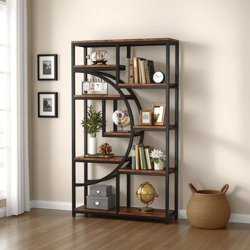Bookshelf, 9 Tier Open Shelves, Brown MDF, Black Metal Frame, 69 Inch
