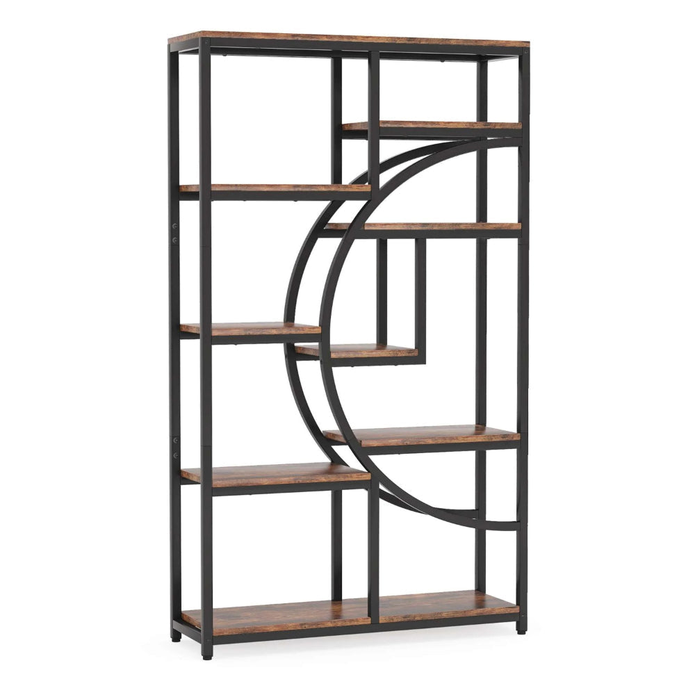 Bookshelf, 9 Tier Open Shelves, Brown MDF, Black Metal Frame, 69 Inch