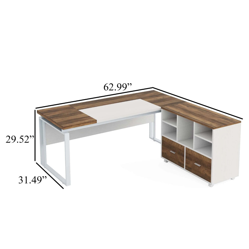 Executive Desk 63 Inch L Shaped Top Mobile File Cabinet White Brown BM328505