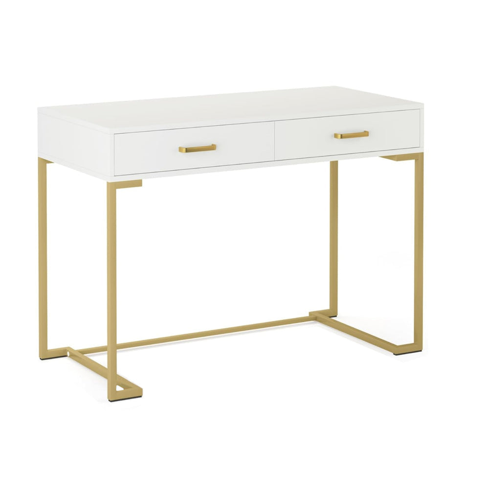 Computer Desk 2 Drawers Modern White Top Gold Metal Legs 39 Inch BM328507