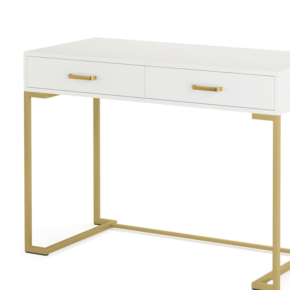 Computer Desk 2 Drawers Modern White Top Gold Metal Legs 39 Inch BM328507