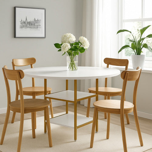 Dining Table, Round Top, 2 Storage Shelves, Gold Metal Frame, 47 Inch