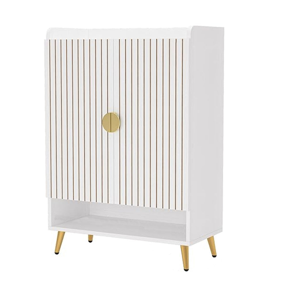 Shoe Cabinet 43 Inch 7 Tier Shelves Brown Ribbed Doors Gold White BM328510