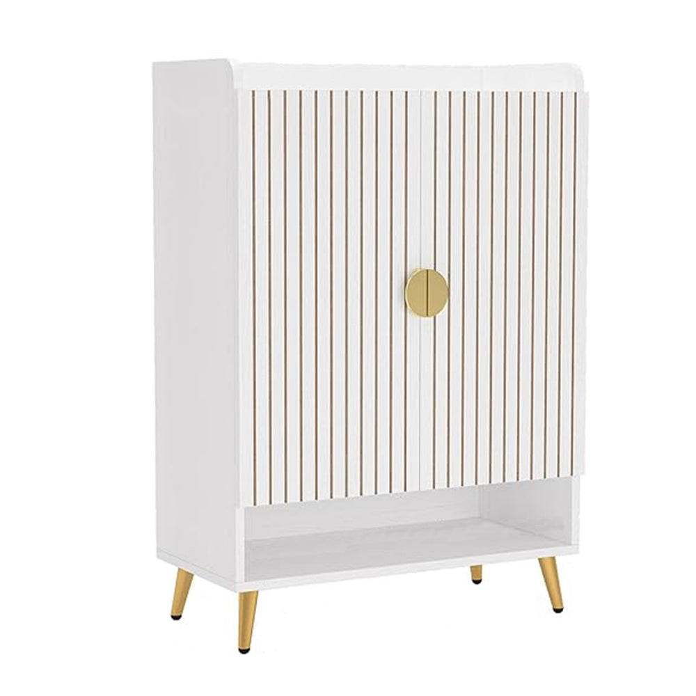 Shoe Cabinet, 43 Inch 7 Tier Shelves, Brown Ribbed Doors, Gold, White