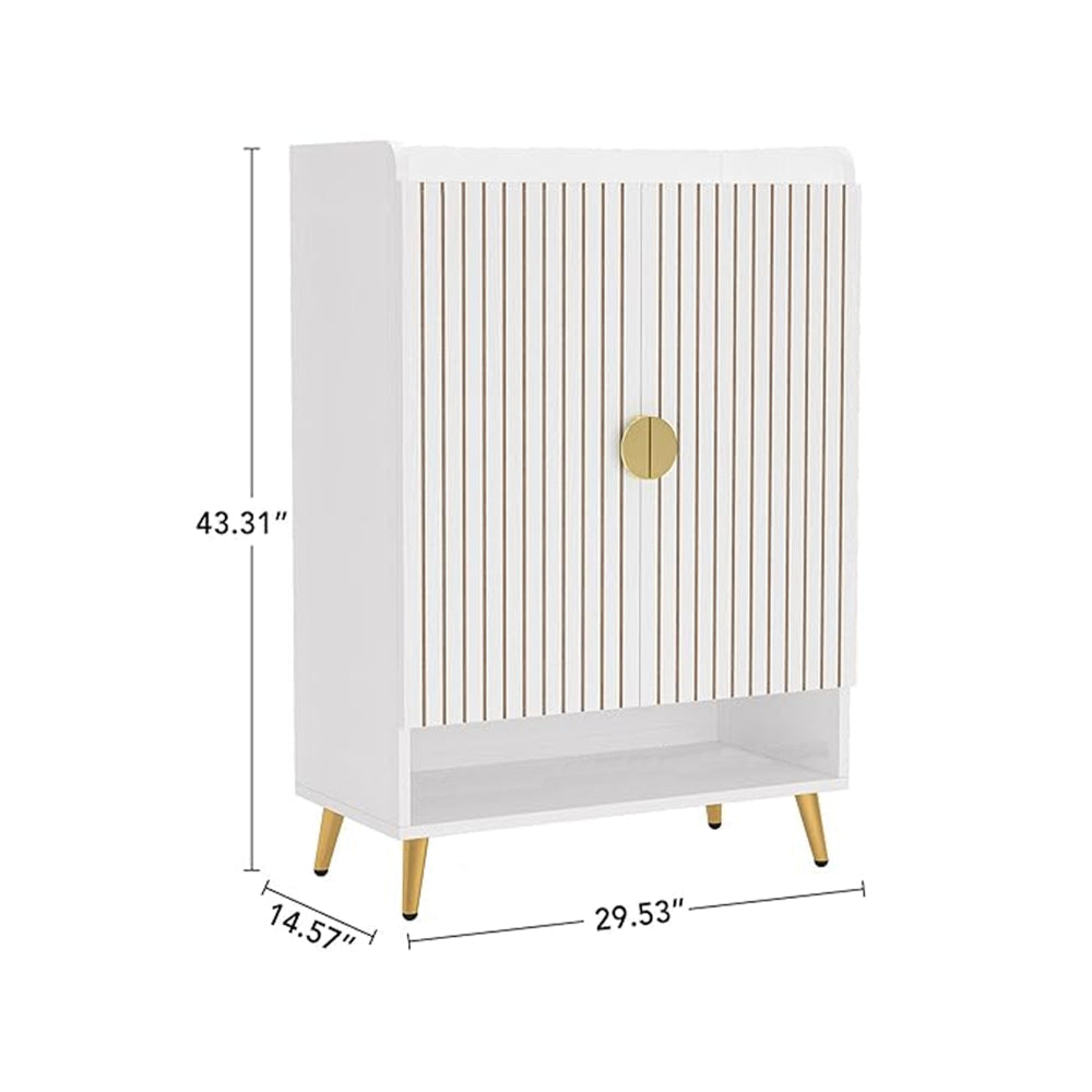 Shoe Cabinet 43 Inch 7 Tier Shelves Brown Ribbed Doors Gold White BM328510