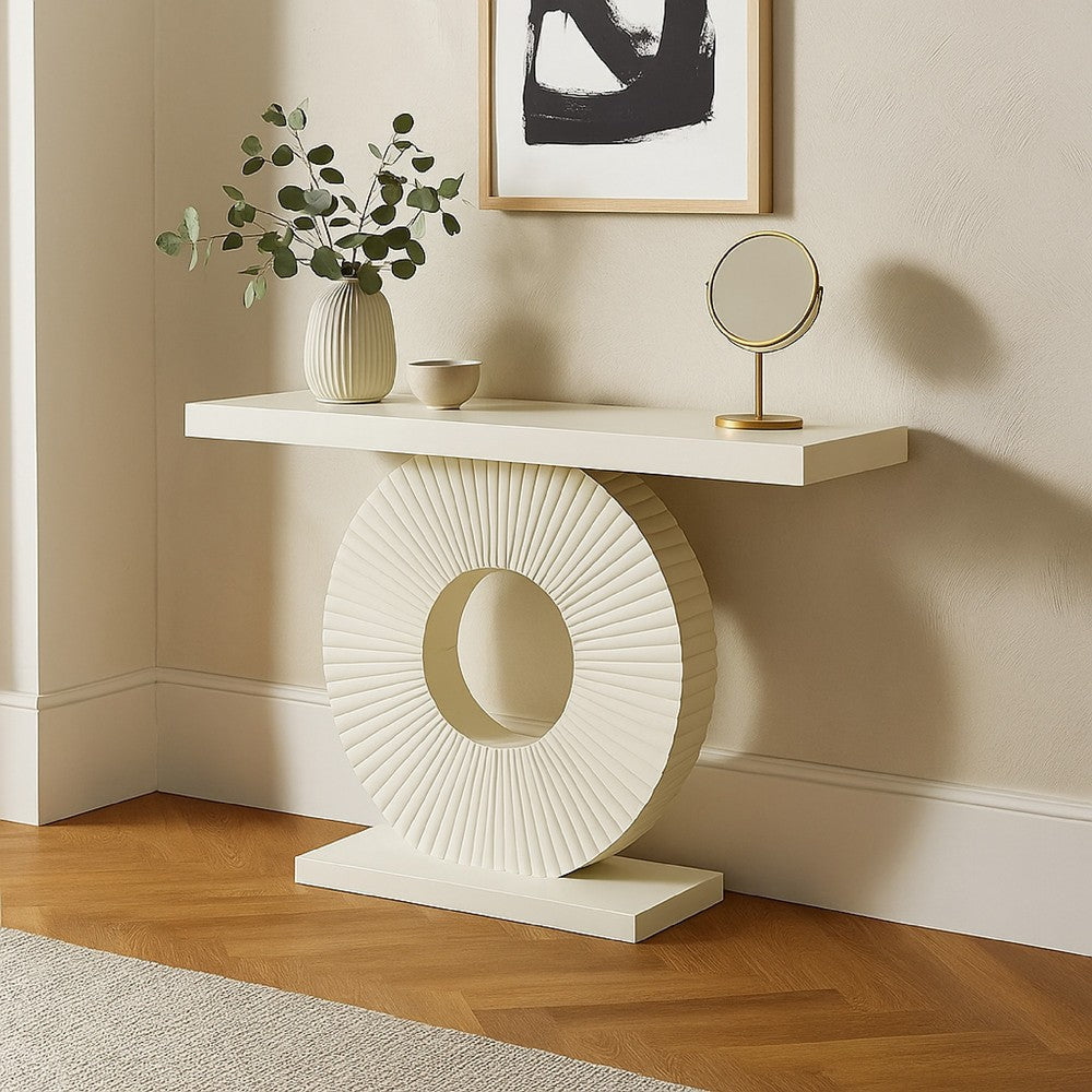 Console Table, 39 Inch White Rectangular Top, Geometric Flower Base