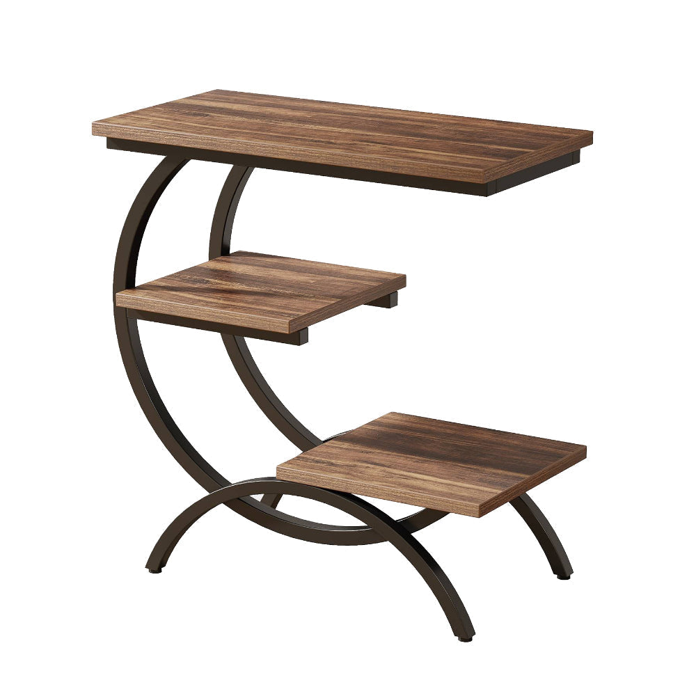 C-Shaped End Table, 3 Tier, Dark Brown Top, Matte Black Metal, 26 Inch