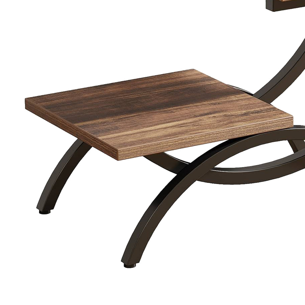 C-Shaped End Table 3 Tier Dark Brown Top Matte Black Metal 26 Inch BM328515