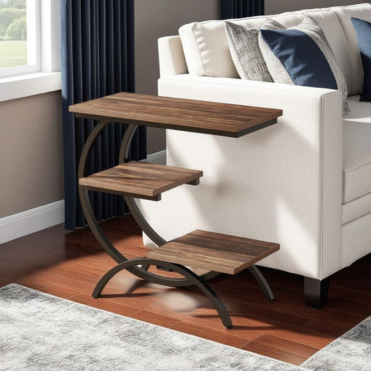 C-Shaped End Table, 3 Tier, Dark Brown Top, Matte Black Metal, 26 Inch
