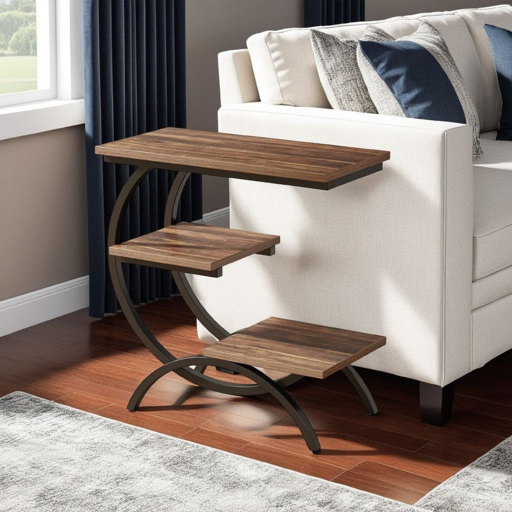 C-Shaped End Table, 3 Tier, Dark Brown Top, Matte Black Metal, 26 Inch