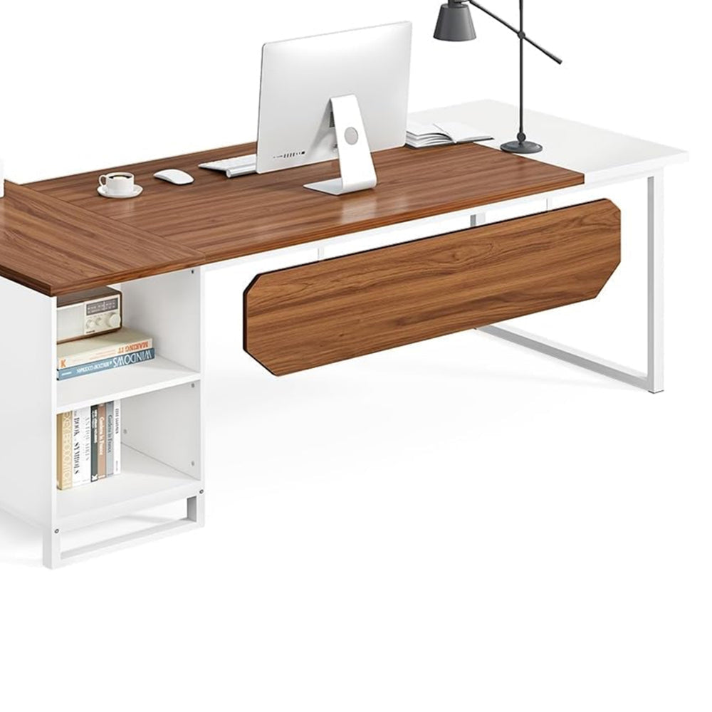 Executive Desk 71 Inch L Shape Brown Rectangular Top White Metal BM328518