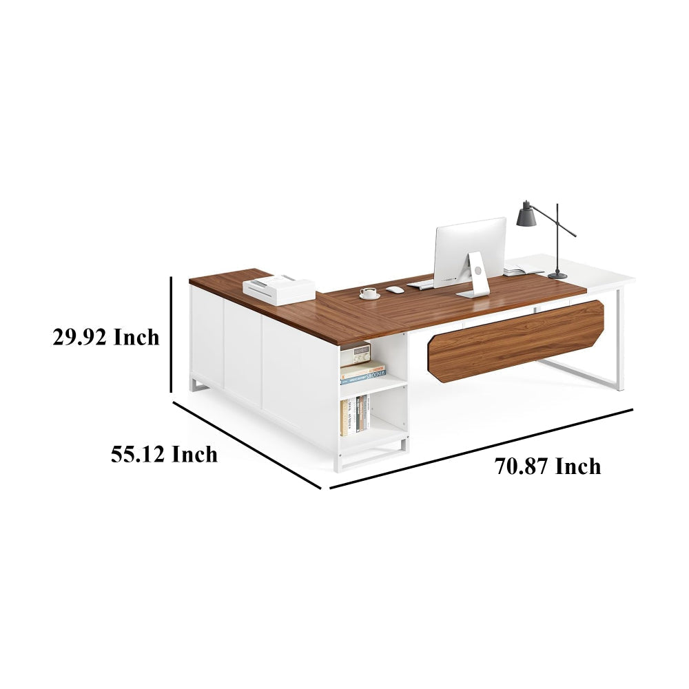 Executive Desk 71 Inch L Shape Brown Rectangular Top White Metal BM328518