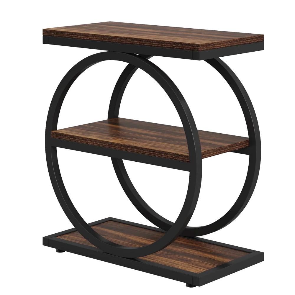 Ari Accent End Table, Rustic Brown Wood 26 Inch Black Metal, 3 Shelves