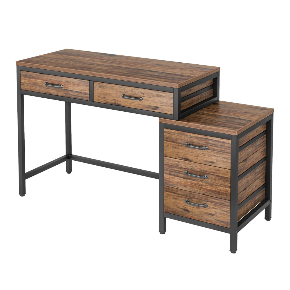 Eli Vanity Desk Table, 5 Drawers, Classic Brown Finish, Black Metal