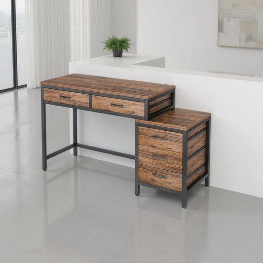 Eli Vanity Desk Table, 5 Drawers, Classic Brown Finish, Black Metal