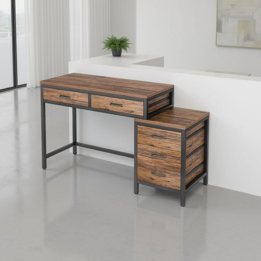 Eli Vanity Desk Table, 5 Drawers, Classic Brown Finish, Black Metal