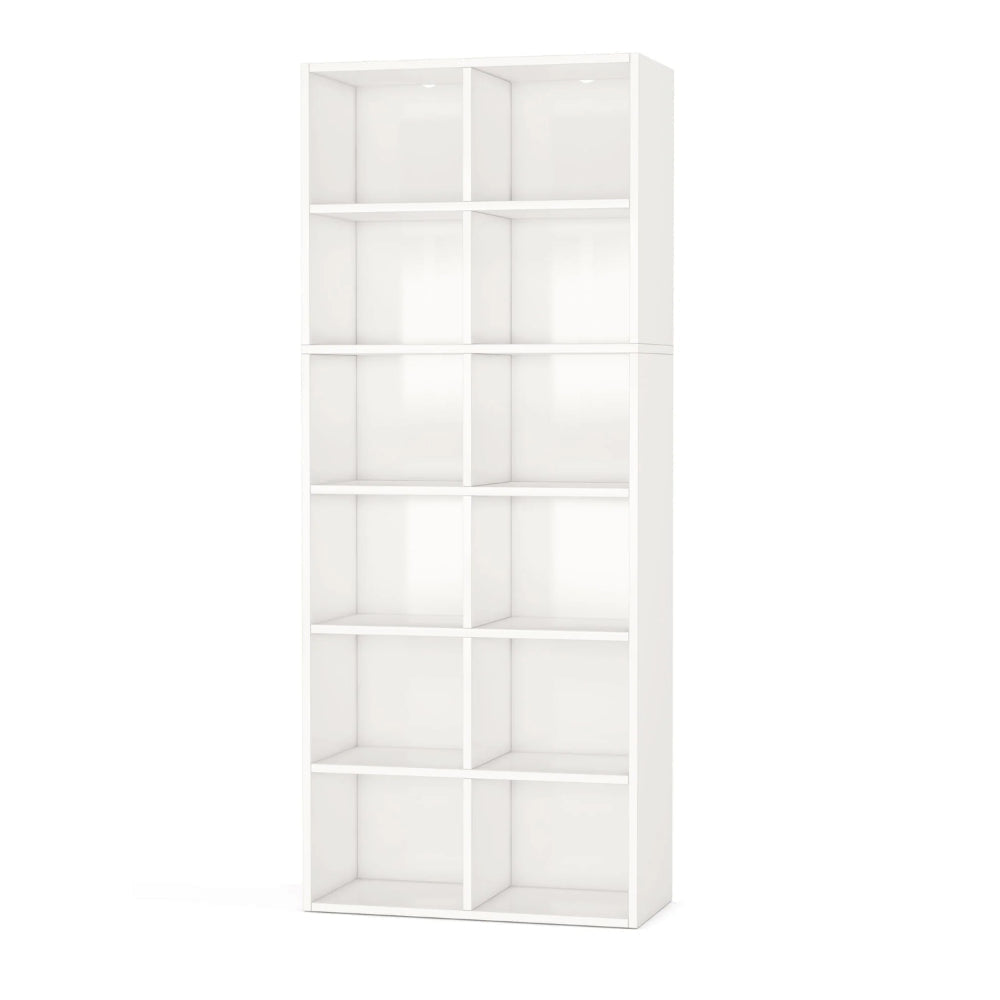 Tall Bookcase, 6 Tier 12 Open Shelves, Modern White Finish, 72 Inch