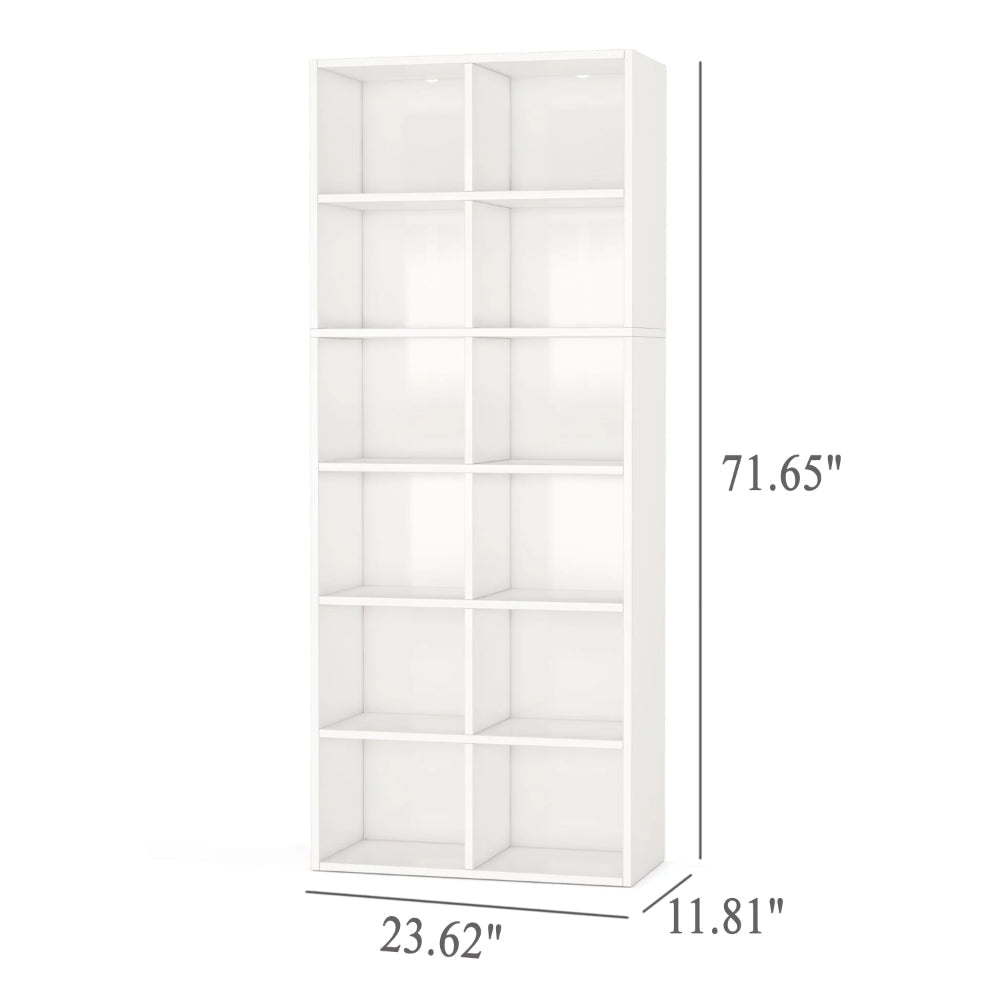 Tall Bookcase 6 Tier 12 Open Shelves Modern White Finish 72 Inch BM328523