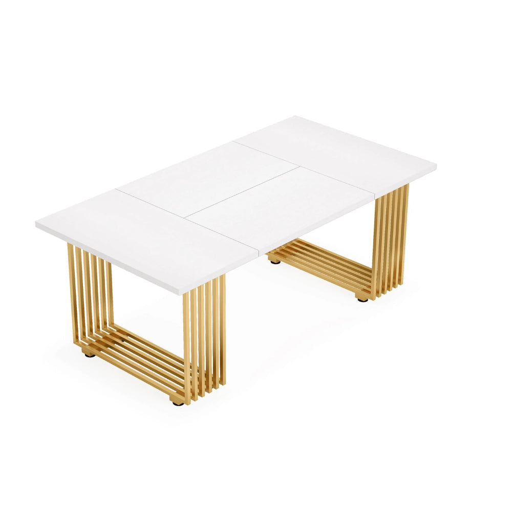 Office Desk, 71 Inch Modern Style White Top, Gold Geometric Metal Base