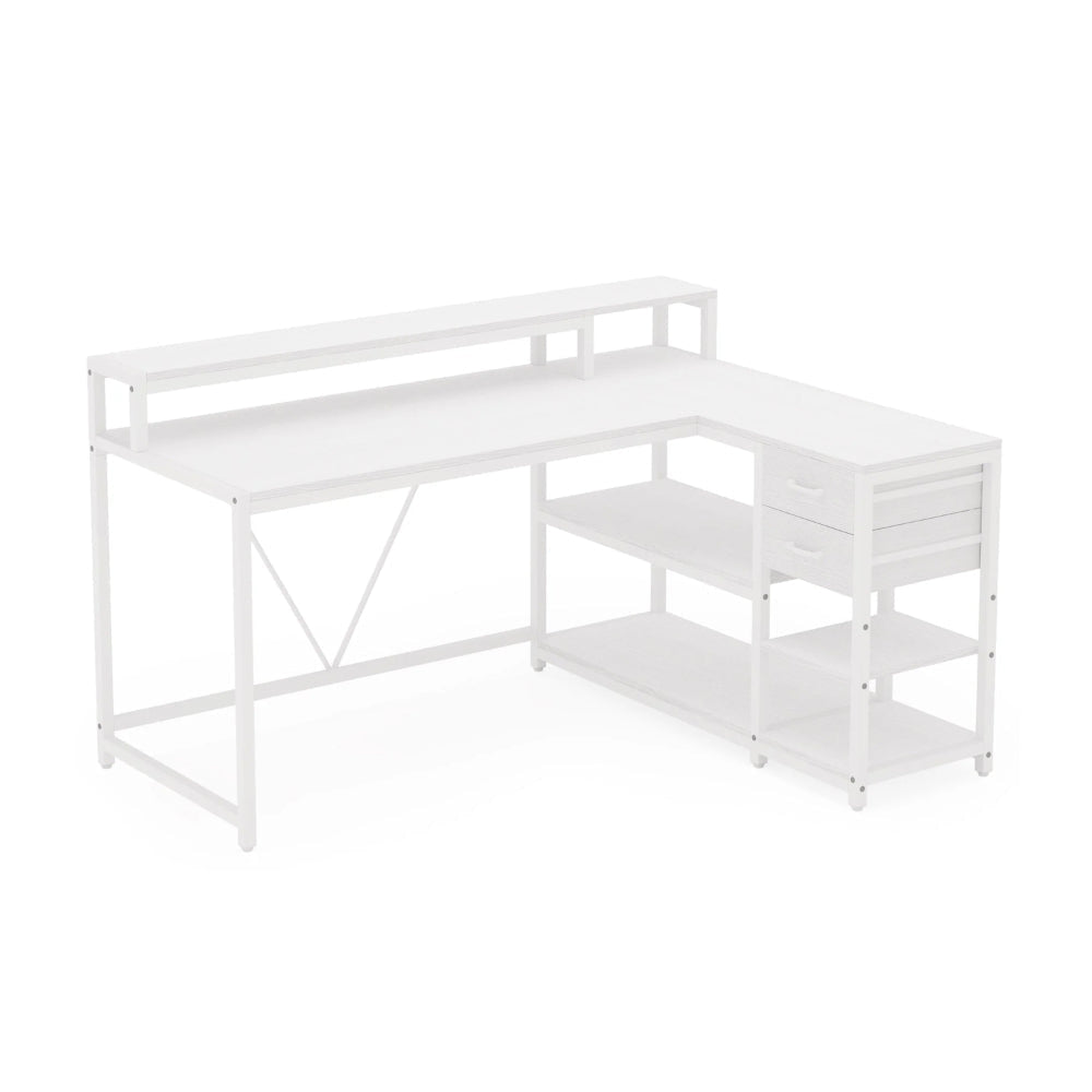 Executive Desk, L Shaped Top, Portable File Cabinet, 55 Inch White