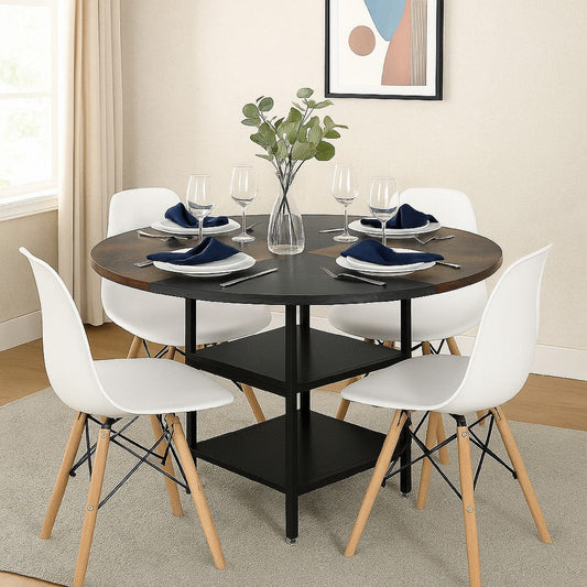 Dining Table, 47 Inch Round Top, 2 Storage Shelves, Black Metal