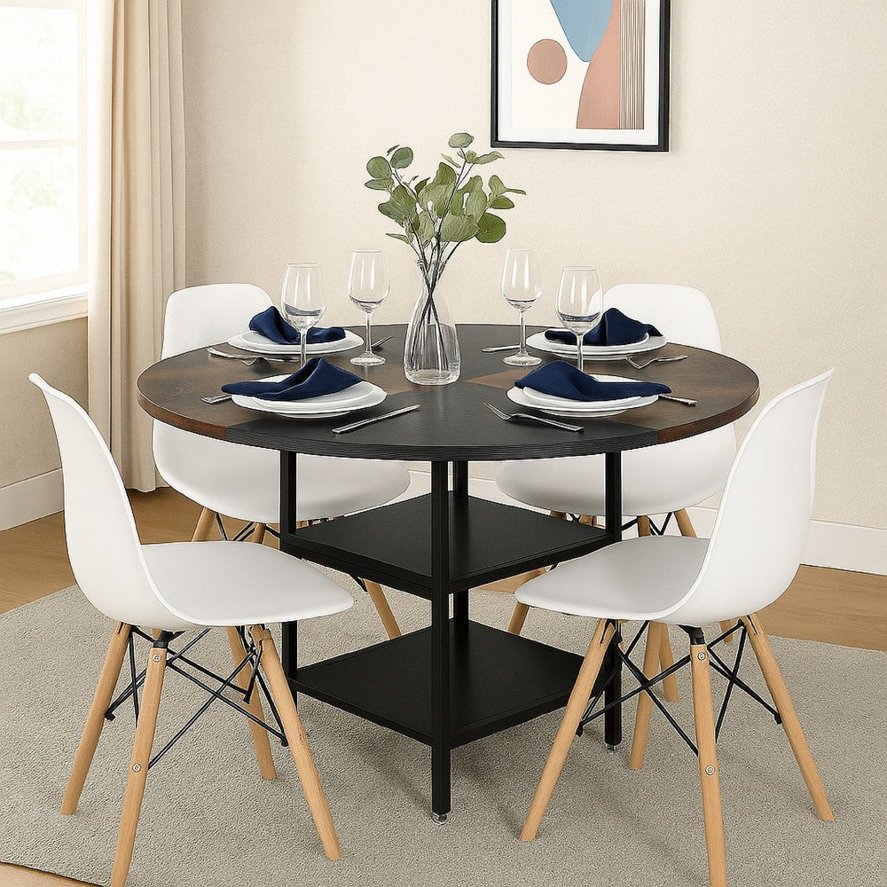 Dining Table, 47 Inch Round Top, 2 Storage Shelves, Black Metal