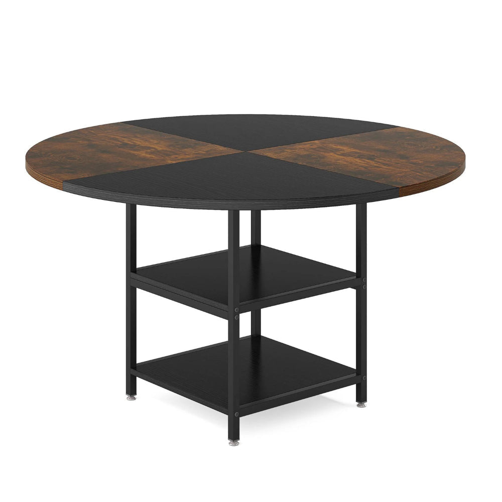 Dining Table, 47 Inch Round Top, 2 Storage Shelves, Black Metal