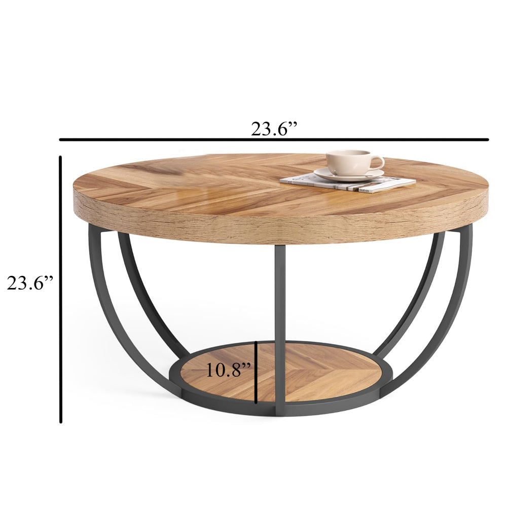 Ari Coffee Table 32 Inch Round Top Light Brown MDF Black Metal Legs BM328530
