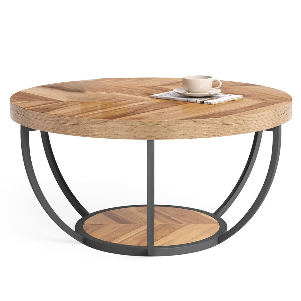 Ari Coffee Table, 32 Inch Round Top, Light Brown MDF, Black Metal Legs