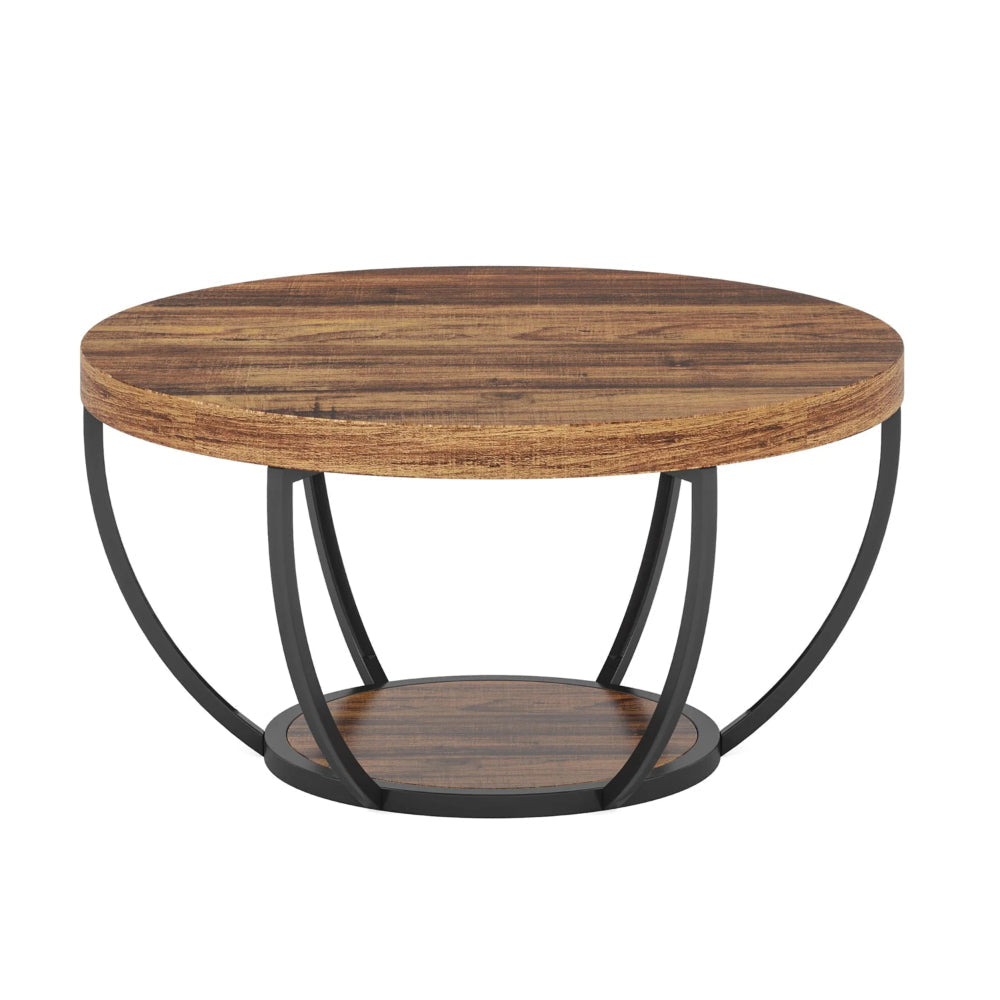 Ari Coffee Table, 32 Inch Round Top, Rustic Brown MDF, Black Metal