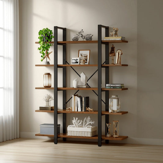 Etagere Bookshelf, 5 Tier Brown MDF Shelves, 70 Inch Black Metal Frame