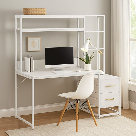 Computer Desk 2 Drawers Open Shelf Hutch White Metal 60 Inch BM328544