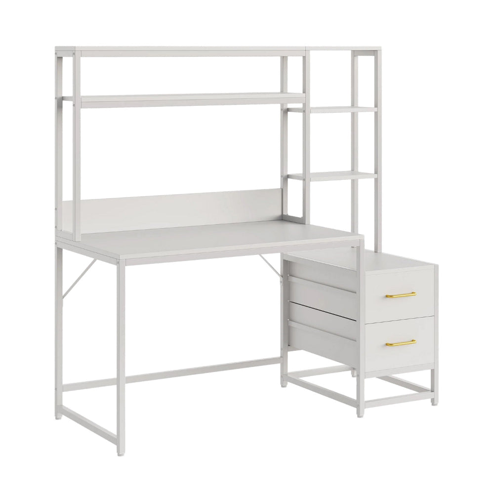 Computer Desk, 2 Drawers, Open Shelf Hutch, White Metal, 60 Inch