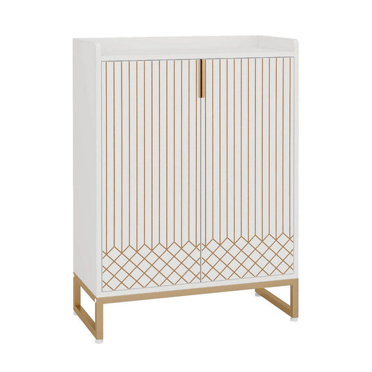 Shoe Cabinet, 2 Doors 5 Shelves, White Finish, Gold Metal Sled Legs