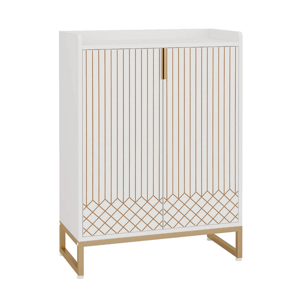 Shoe Cabinet, 2 Doors 5 Shelves, White Finish, Gold Metal Sled Legs
