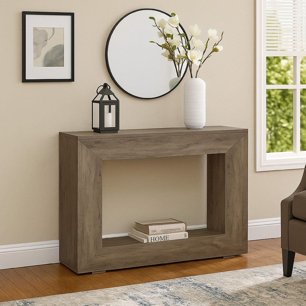 Evan Console Table, 47 Inch Rectangular Top, Rustic Gray, Open Shelf