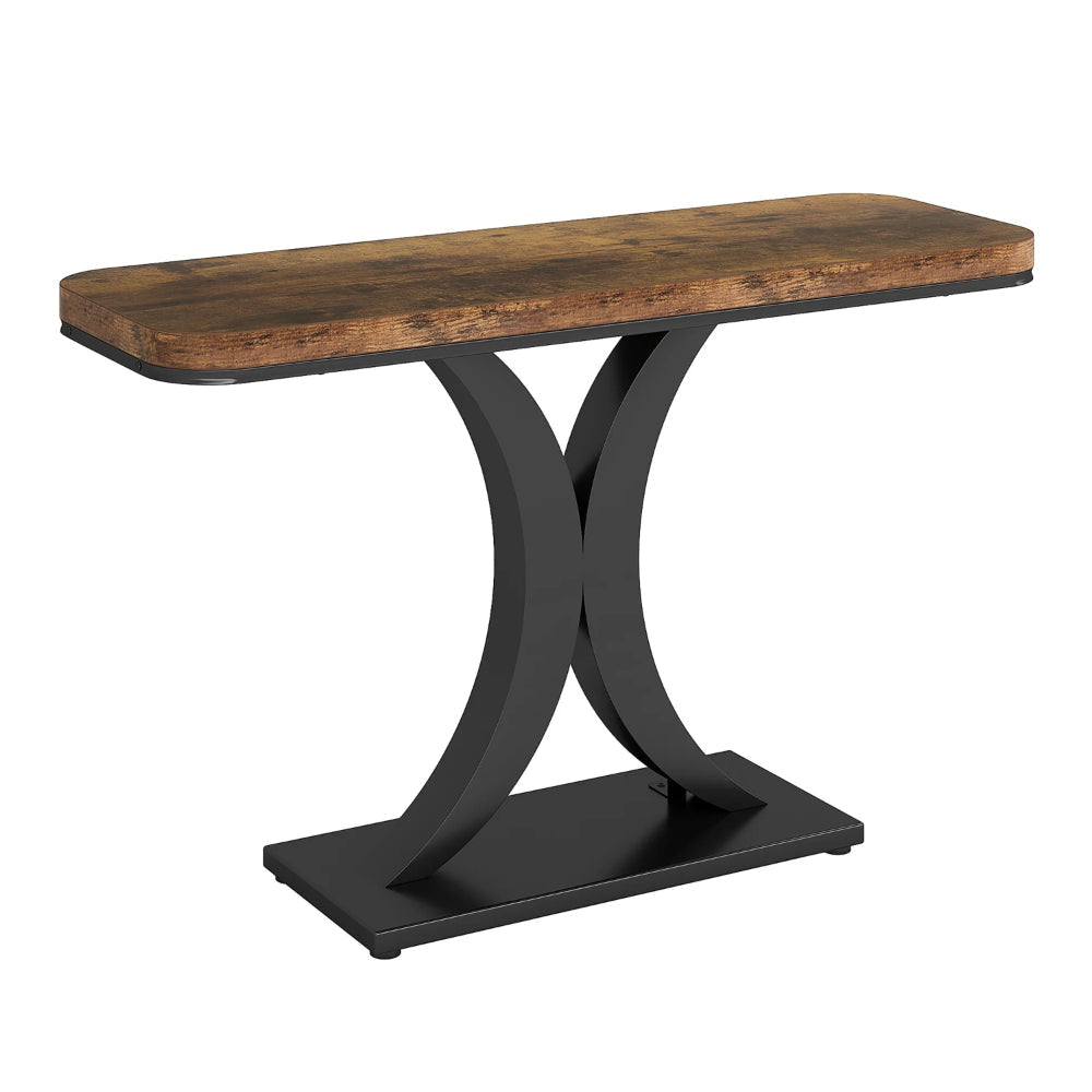 Console Table, Rustic Brown MDF, 39 Inch Geometric Black Metal Base