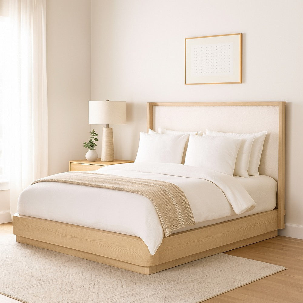 Lno Queen Platform Bed, Beige Upholstered Headboard, Oak Brown Cane