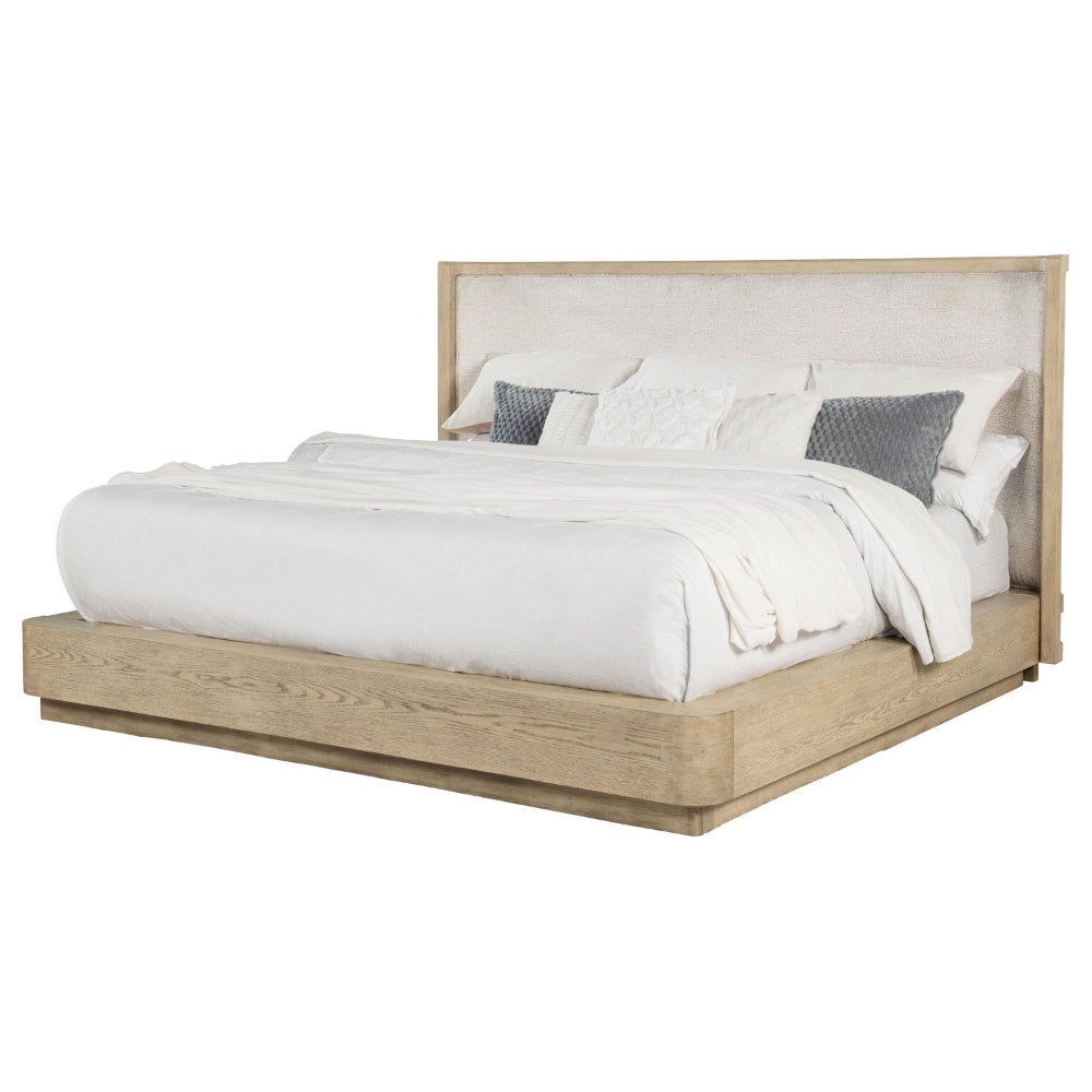Lno King Platform Bed Beige Upholstered Headboard Oak Brown Cane