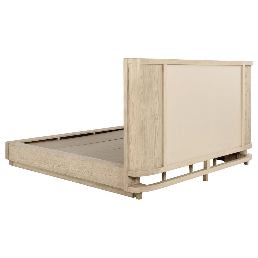 Lno King Platform Bed Beige Upholstered Headboard Oak Brown Cane