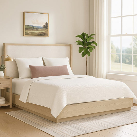 Lno King Platform Bed, Beige Upholstered Headboard, Oak Brown Cane