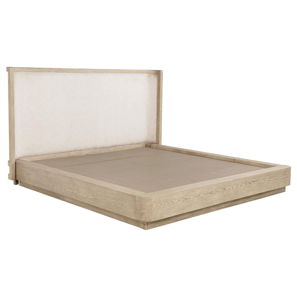 Lno King Platform Bed, Beige Upholstered Headboard, Oak Brown Cane