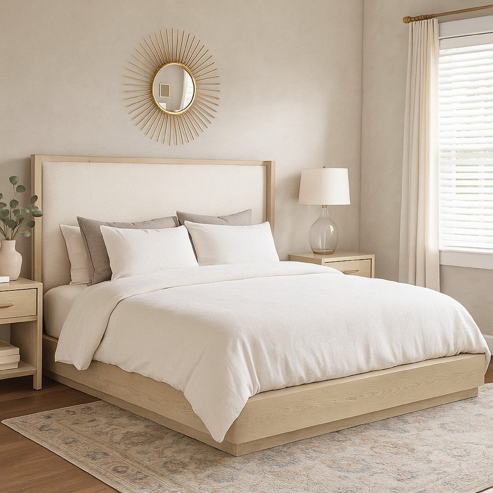 Lno California King Platform Bed, Beige Upholstered Headboard, Brown