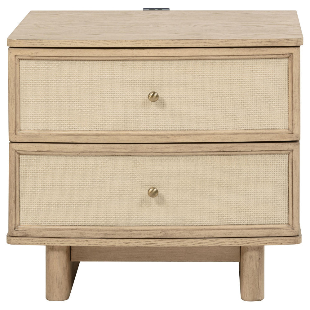 Lno Nightstand 2 Cane Accent Drawers w Brass Knobs USB Oak Beige BM328555